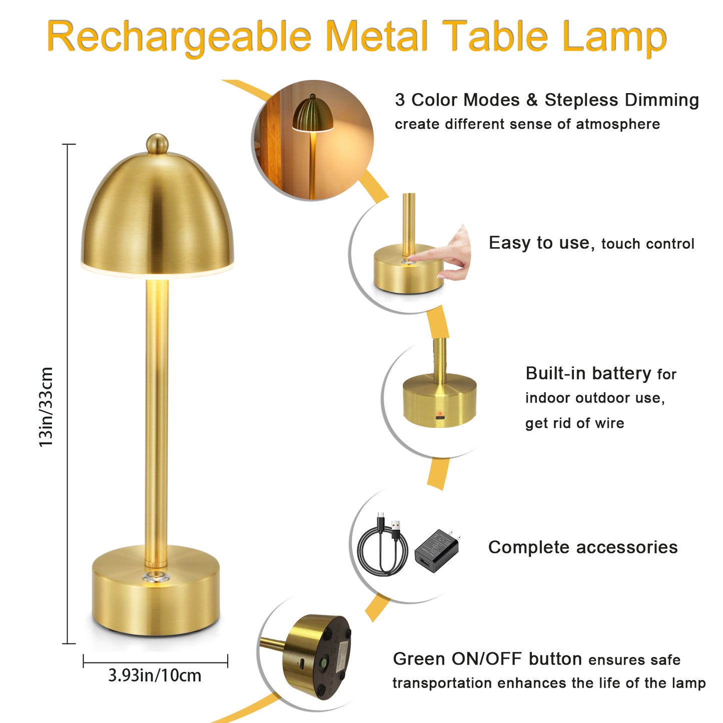 Cordless Table Lamp, Big Mushroom Gold, RG-20625
