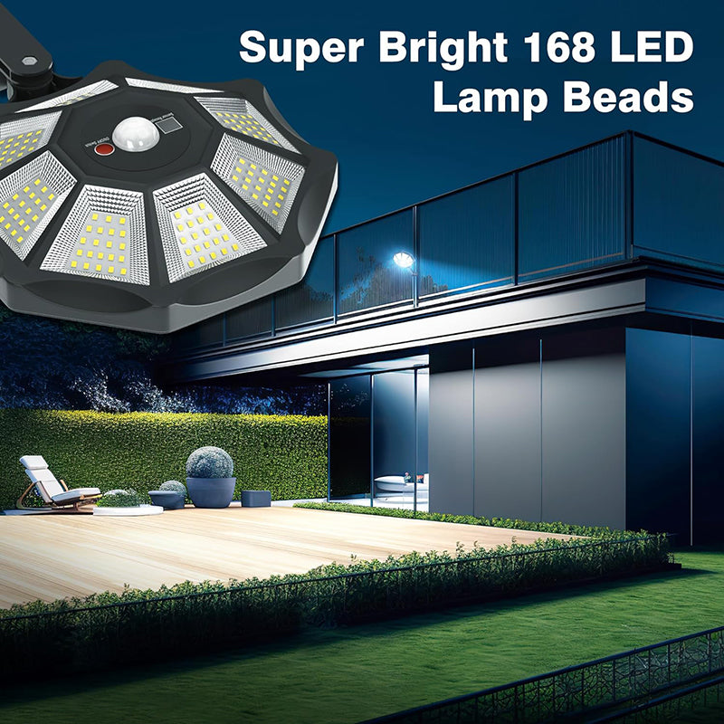 Solar Lights Outdoor, 168LED 6500K Flood Light Dusk to Dawn, 8 Sides Solar Outdoor Lights with Motion Sensor, IP66 Waterproof Solar Street Lights Outdoor for Yard, Pools
