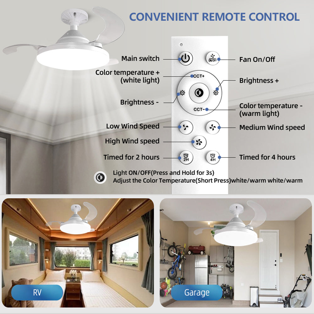 etractable Ceiling Fans with Lights and Remote, 22.5 Inch Low Profile Ceiling Fans, Fandelier Ceiling Fan with Light, 3000-8000K Dimmable Flush Mount Celling Fan, Timer Setting, Low Noise
