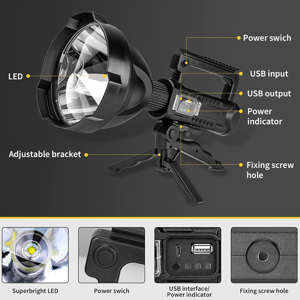 Rechargeable Spotlight Flashlight High Lumens, 3000 Lumens Super Bright Led Searchlight with Tripod and USB Output, IPX5 Waterproof 4 Modes Handheld Spotlight for Camping Hiking