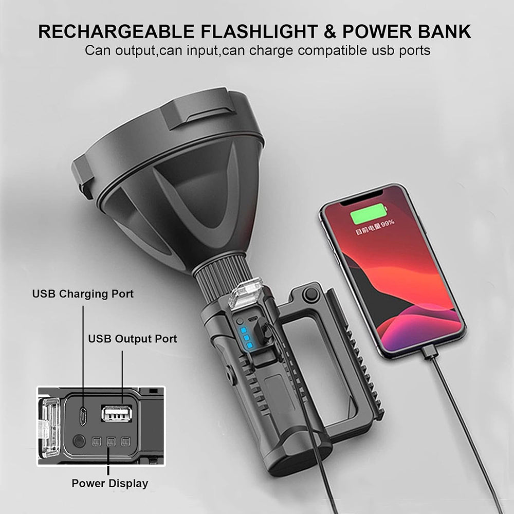 Rechargeable Spotlight Flashlight High Lumens, 3000 Lumens Super Bright Led Searchlight with Tripod and USB Output, IPX5 Waterproof 4 Modes Handheld Spotlight for Camping Hiking