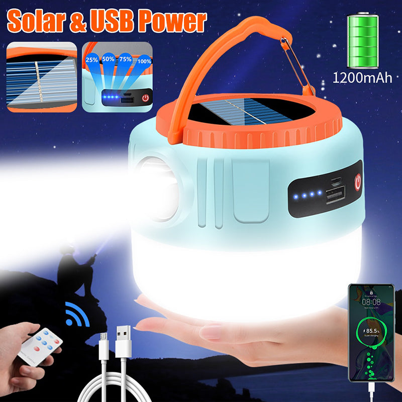 Solar Camping Lantern with Remote Control, Hanging Light with Solar Panel, 1200mA Waterproof Rechargeable Lanterns, Flashlight Power Display USB Port, Equipment for Hiking Tent Camping Power outages