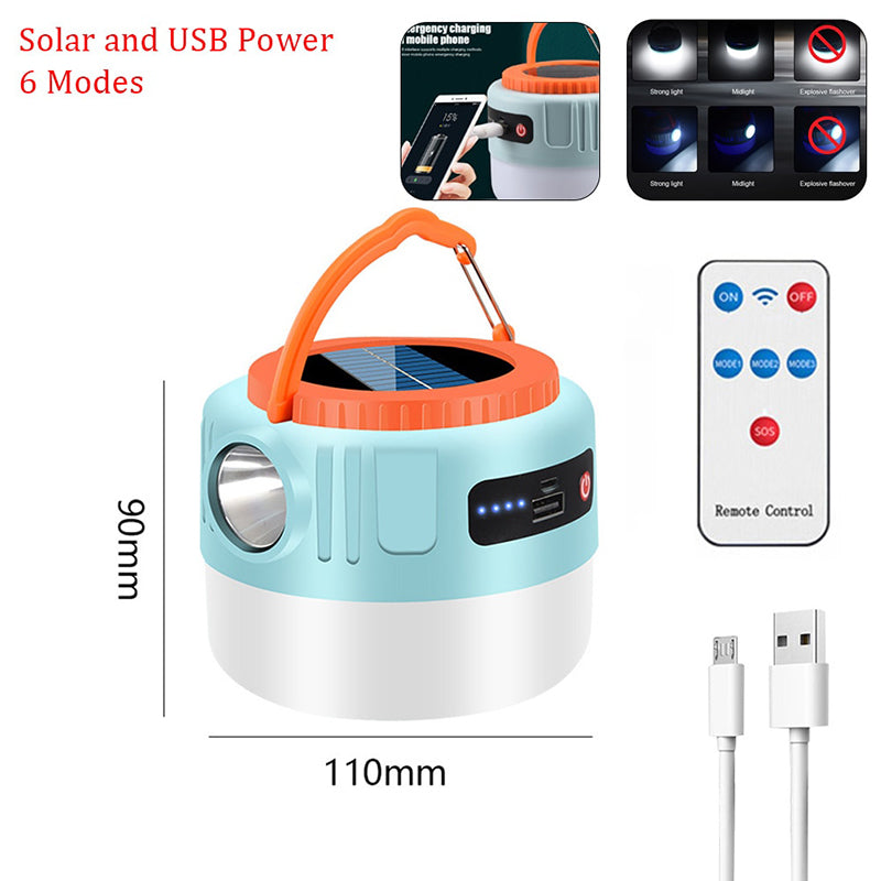 Solar Camping Lantern with Remote Control, Hanging Light with Solar Panel, 1200mA Waterproof Rechargeable Lanterns, Flashlight Power Display USB Port, Equipment for Hiking Tent Camping Power outages