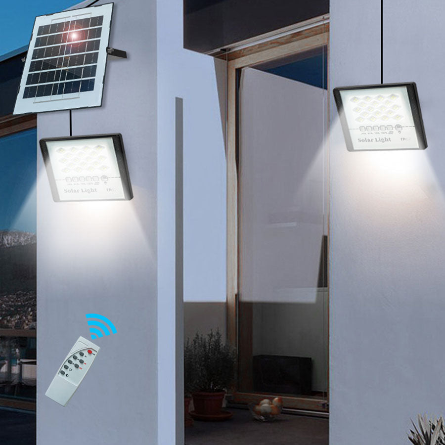 2 Pack 100W LED Solar Flood Lights Outdoor with Remote,Dusk to Dawn Solar Security Street Light Waterproof IP67 for Fence,Garden,Pool,Barn,Lawn,Flag Pole White
