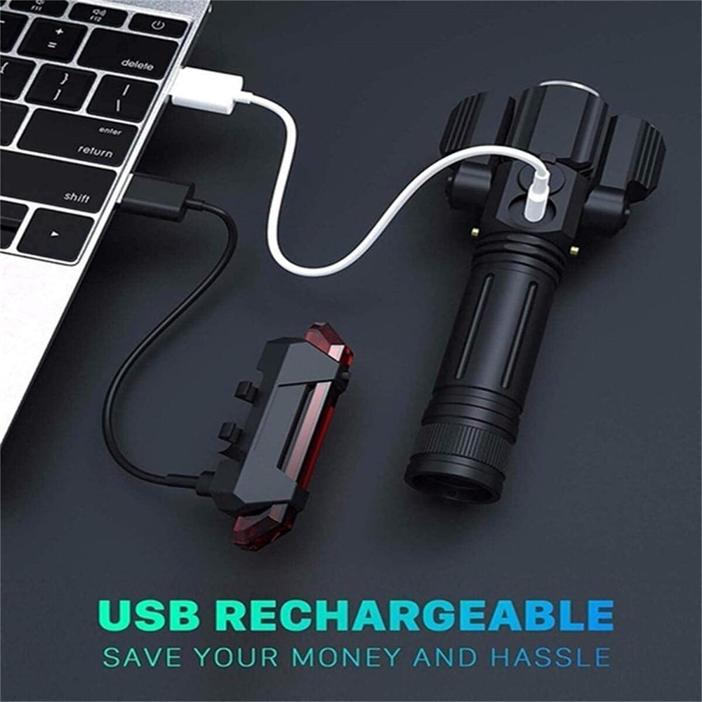 5 Mode Adjustable LED Flashlight & Bike Light Set - USB Rechargeable, IPX6 Waterproof, 360° Adjustable Aluminum Search Light with 3 LEDs, 2200mAh Battery, Fits All Bicycles for Outdoor & Cycling
