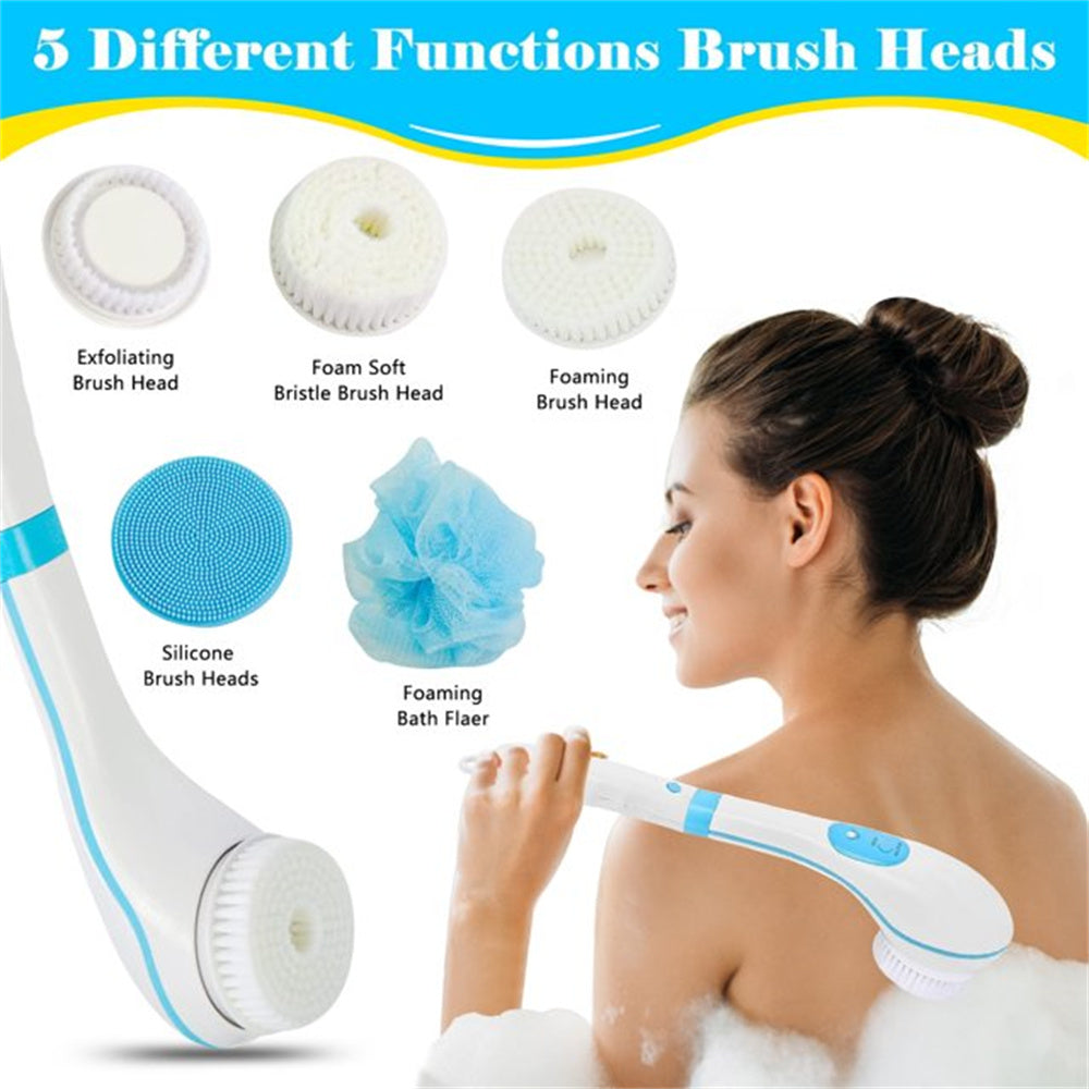5-in-1 Electric Body Brush, Rechargeable Bath Shower Brush with Long Handle, Waterproof Back Brush for Body Exfoliation and Massage Deep Cleansing Set