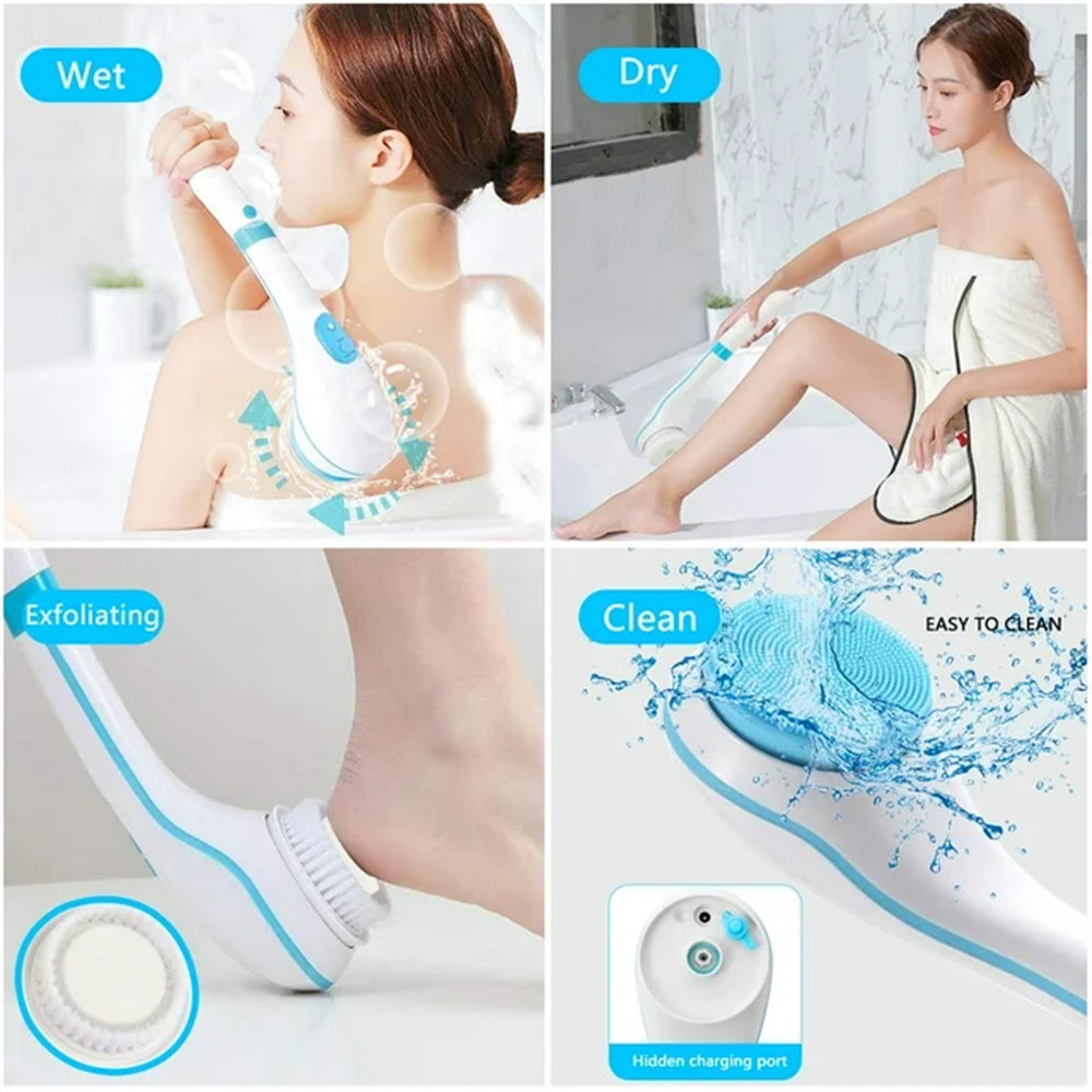5-in-1 Electric Body Brush, Rechargeable Bath Shower Brush with Long Handle, Waterproof Back Brush for Body Exfoliation and Massage Deep Cleansing Set