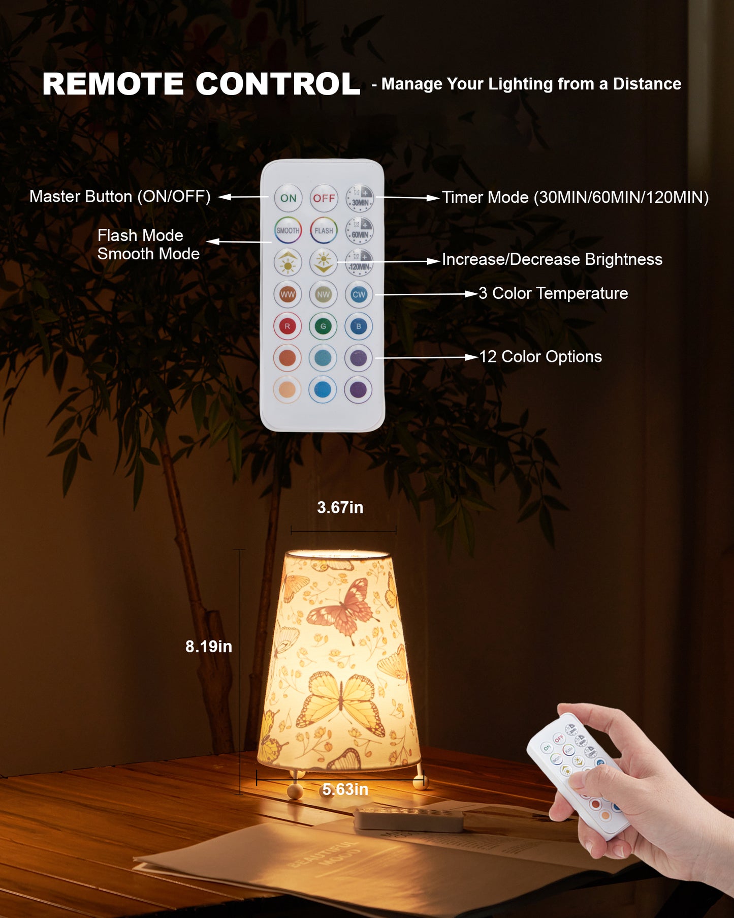 Cordless Table Lamp with Remote, Bubbly Butterfly
