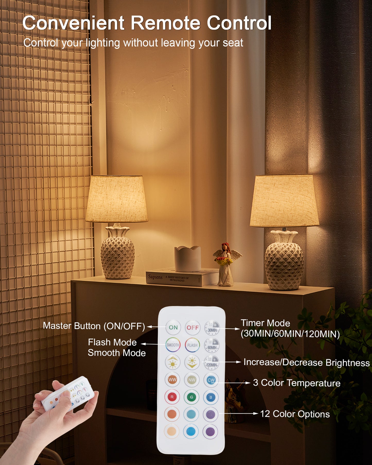 Cordless Table Lamp with Remote, Ceramic Pineapple Lamp