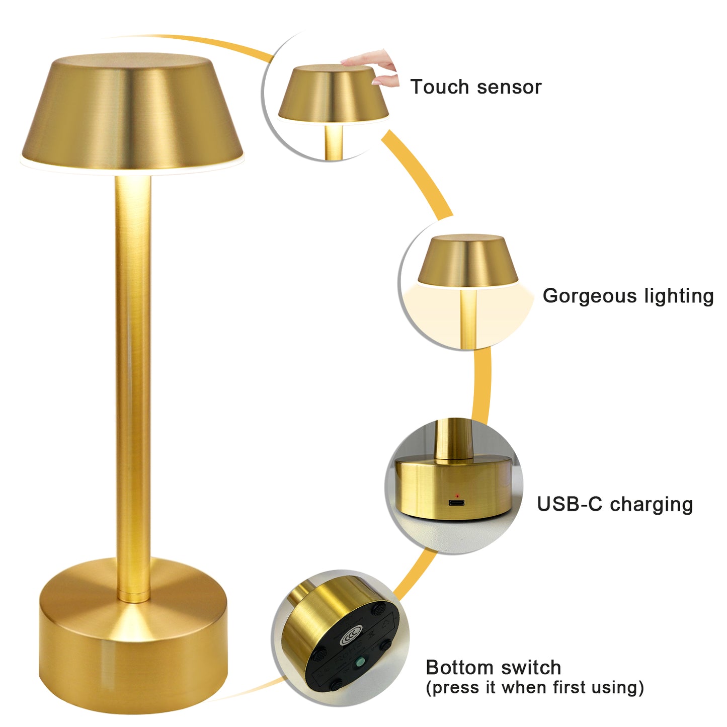 Cordless Table Lamp, Tall Swan Gold