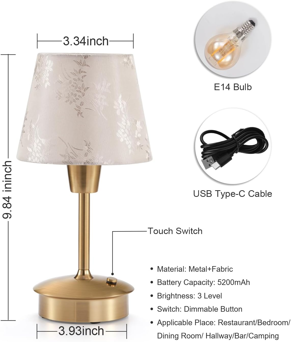Pack of 2 Cordless Table Lamp, Small Crane Champagne