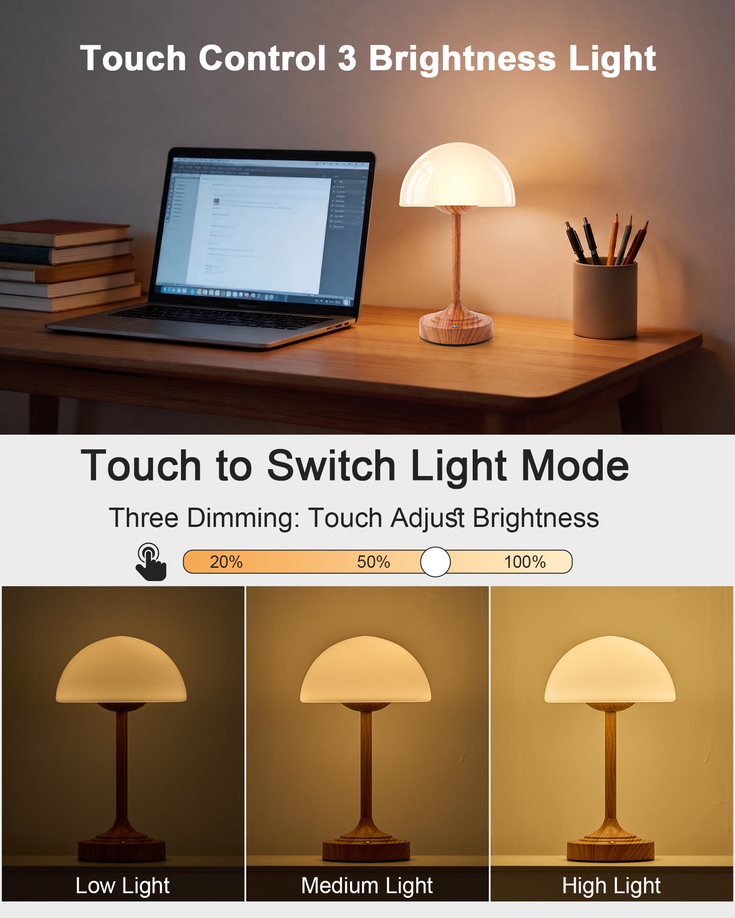 Cordless Table Lamp, Waterproof Glass Mushroom Lamp
