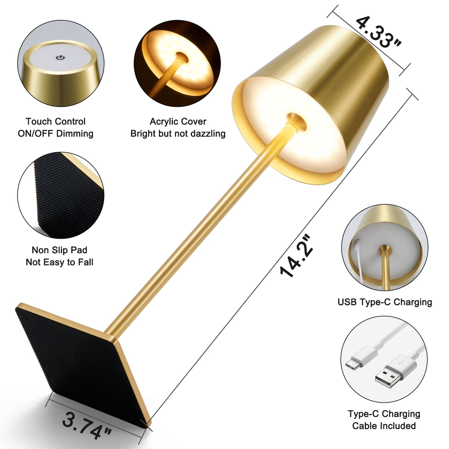 Pack of 2 Cordless Table Lamp, Goblet Gold