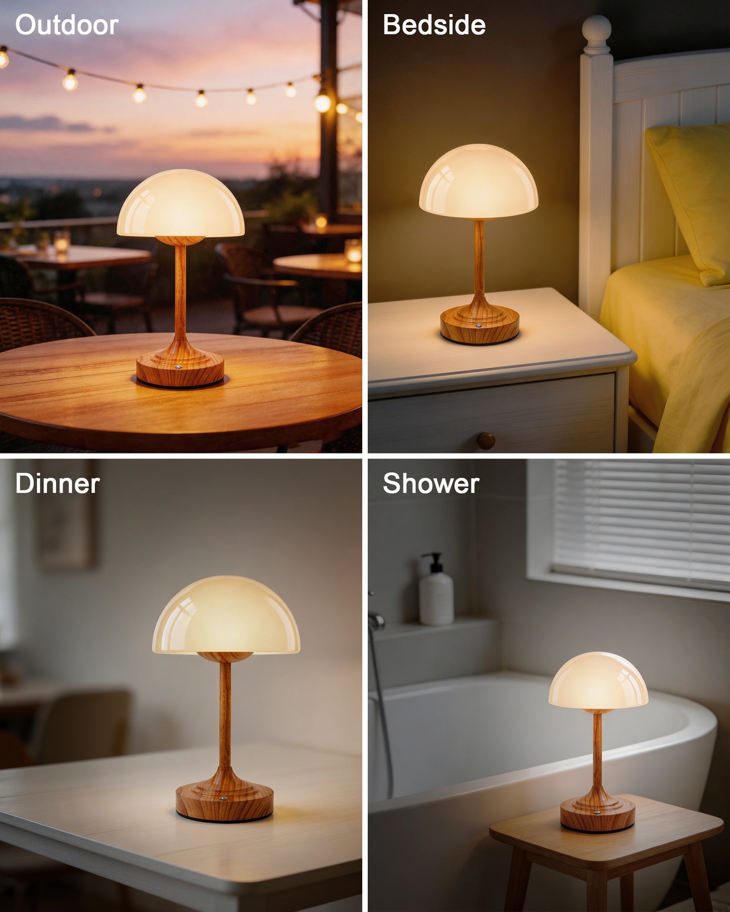Cordless Table Lamp, Waterproof Glass Mushroom Lamp