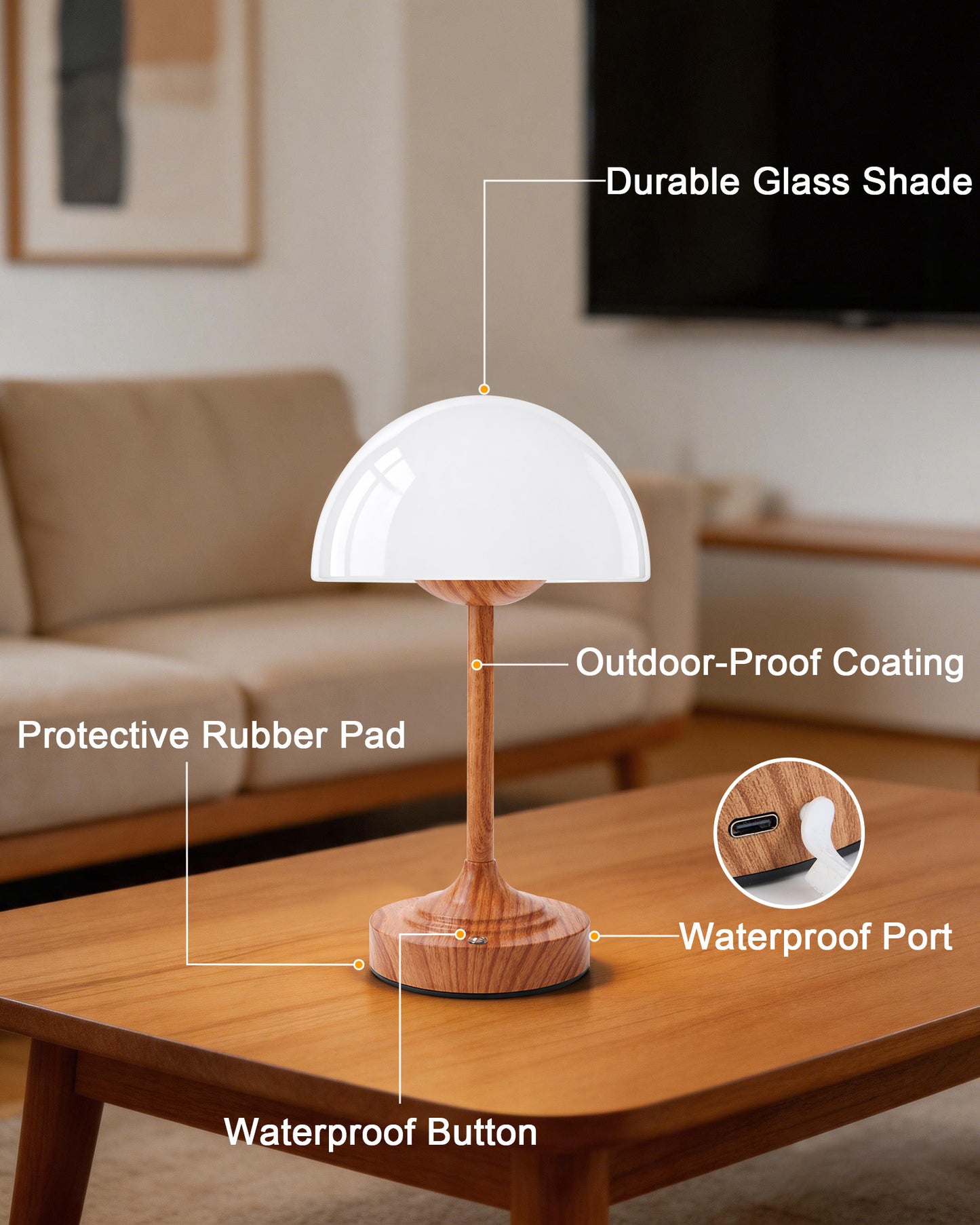 Cordless Table Lamp, Waterproof Glass Mushroom Lamp